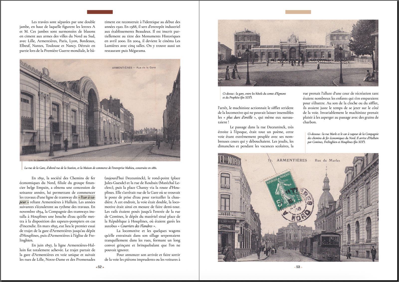 Double page intérieure du livre Histoire des rues d’Armentières, avec des cartes postales anciennes de la ville